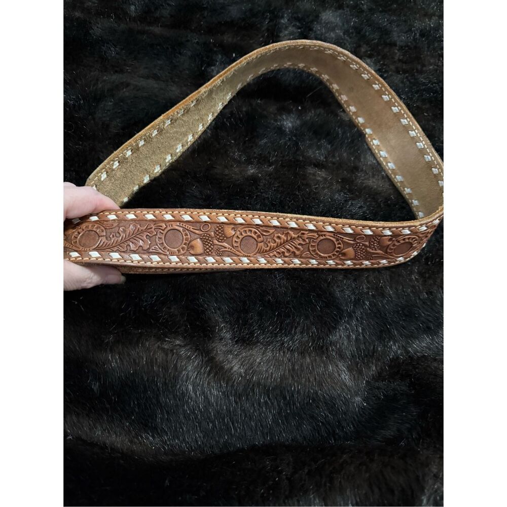 Vintage Tooled Cowhide Belt Womens 34” Floral Tan Gold Leather fall acorn leaves